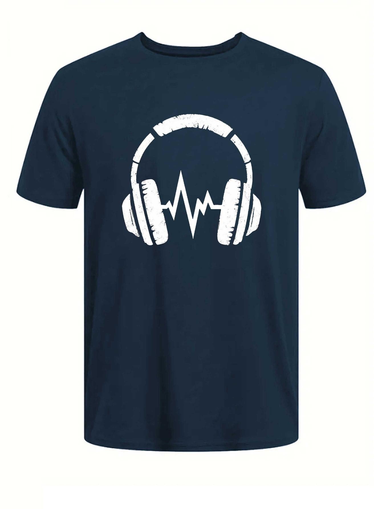 607 Cotton Blend T-shirt - Summer Casual & Sports Wear with Headphone & Heartbeat Graphic Print XXXL