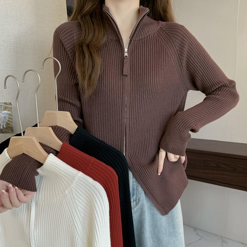 Autumn and winter double zipper stand-up neck sweater jacket women's shoulder knitted sweater