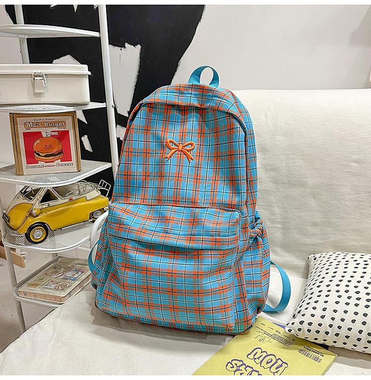 Schultasche Japanischer Ins-Stil Retro Karomuster Rucksack weiblich, Mittelschüler Schultasche einfach und vielseitig Reise Pendler Rucksack