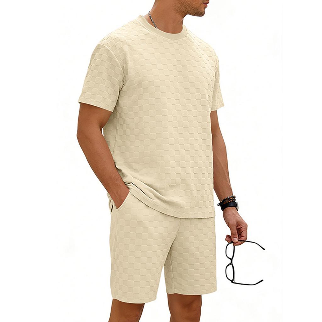 Men's Round Neck Checkered Casual Short Sleeve Drawstring Shorts Set