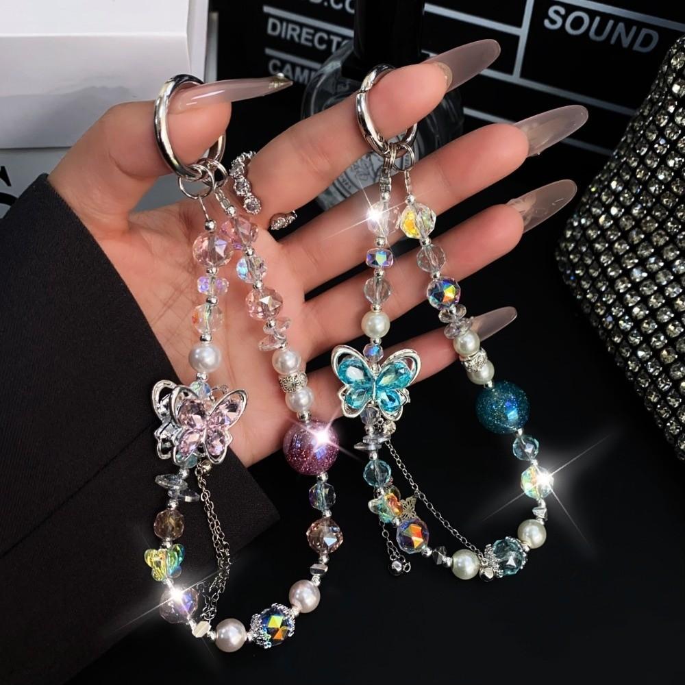 Butterfly Crystal Bead Phone Strap Wrist Chain Mobile Phone Lanyard  Mobile Phone Pendant
