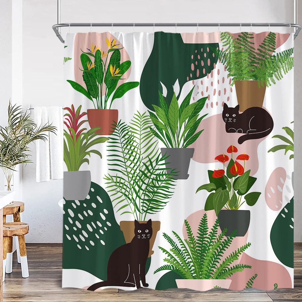 Cat Shower Curtain Cartoon Animal Potted Plant Greenery Black Cat Abstract Nordic Bathroom Decor Minimalist Bathtub Curtain