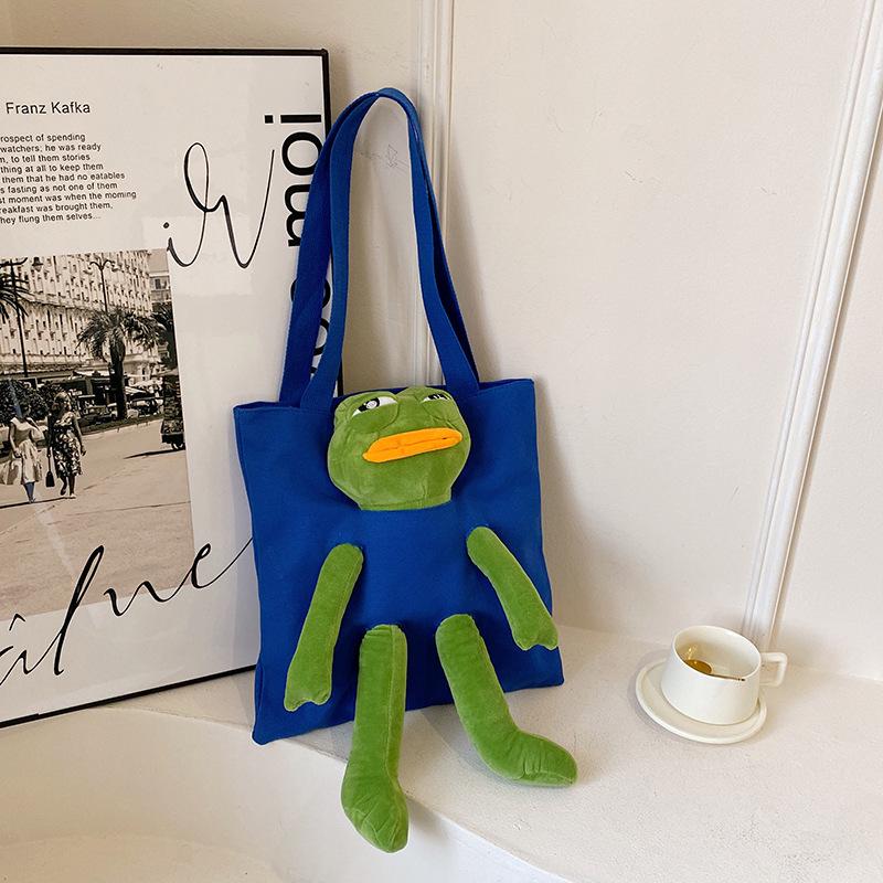 

Large Capacity Funny Frog Canvas Tote Bag - Cute Commuting Shoulder Bag with Contrast Doll Standard