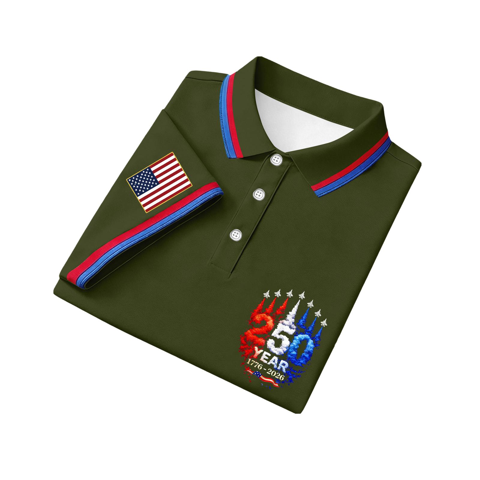 

Mens Polo Shirt Short Sleeve Embroidered 250 Year Anniversary Print Flag Patch Classic Collar Casual Top L армия зеленый
