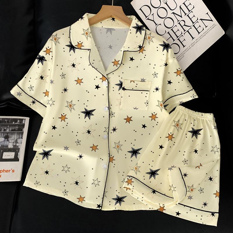 

Japanese Girl Cool Ice Silk Pajamas Women S Summer Sweet Wind Short-Sleeved Full Sky Star Loungewear Set L