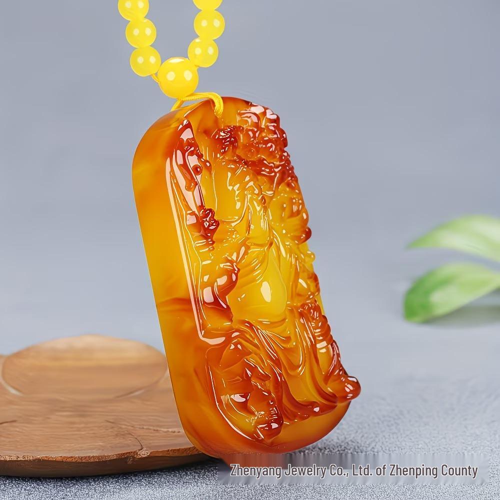Natural Baltic Yellow Amber Guan Gong Pendant with Honey Wax Finish for Men and Women