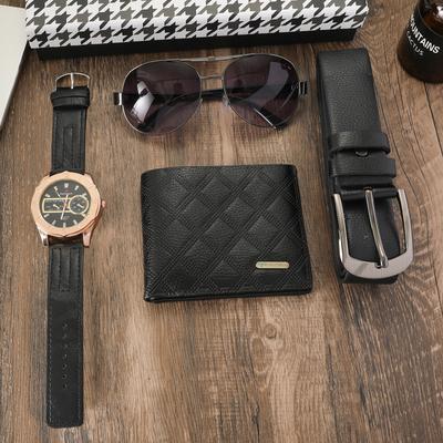 New Sports Leisure Multi-functional Quartz Calendar Men's Watch   Belt   Sunglasses   Wallet Gift 4-piece Set Gift Box