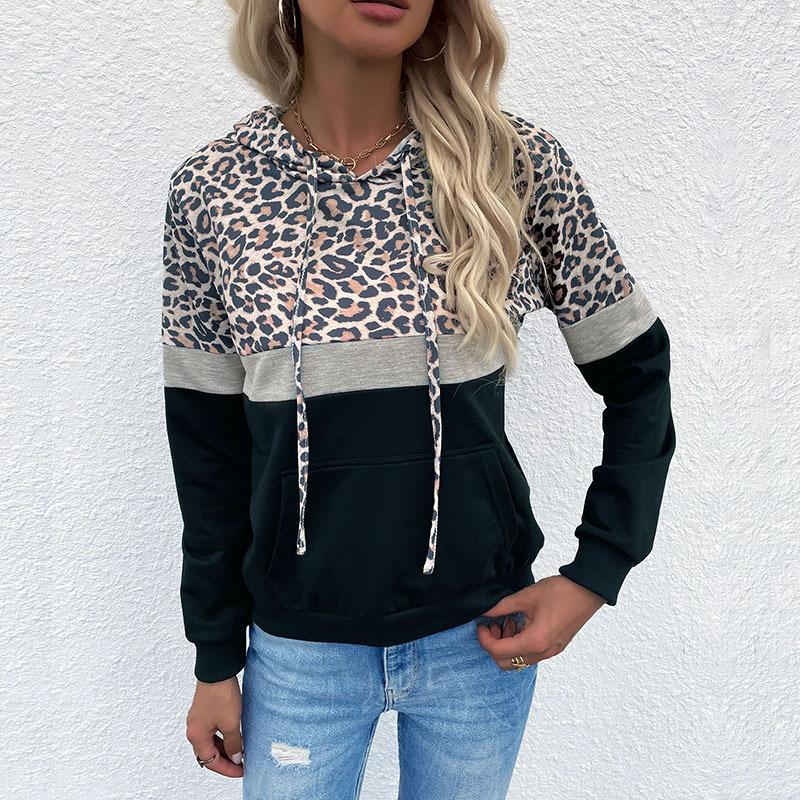 Leopard Print Patchwork Women Hoodie Loose Winter Fall Pocket Sweatshirt
