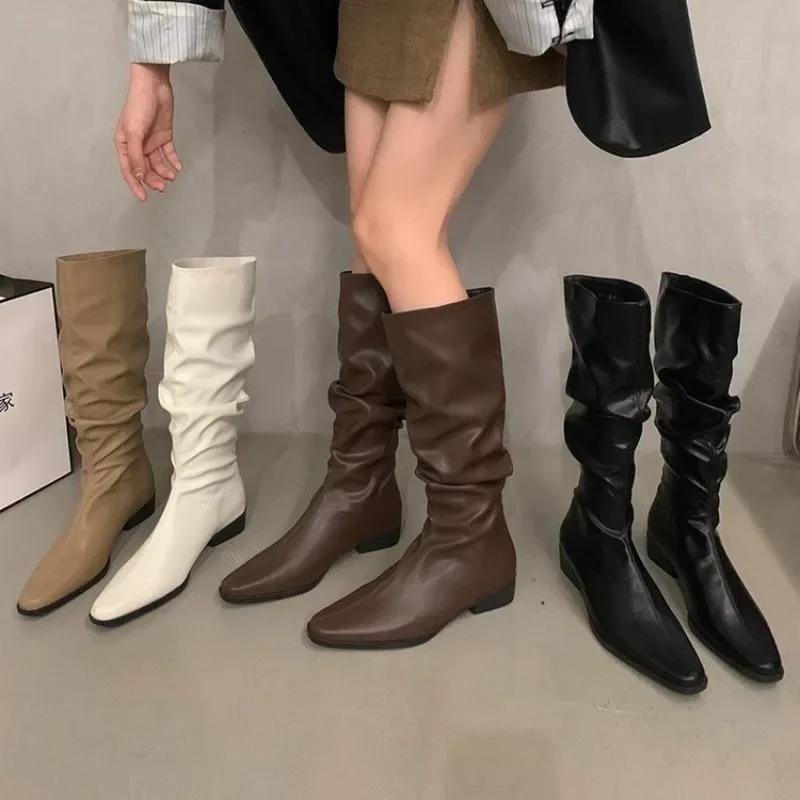 Coarse Heeled Mid Heeled Knight Boots for Women New Autumn Western Slim Square Toe Low Heeled Pleated Pile Boots Platform Shoes