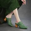 Johnature Genuine Leather Retro Ethnic Style High Heels Pointed Toe Slippers Versatile Women's Shoes