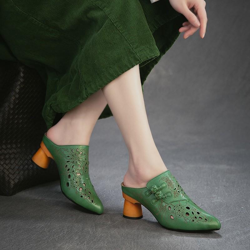 Johnature Genuine Leather Retro Ethnic Style High Heels Pointed Toe Slippers Versatile Women's Shoes