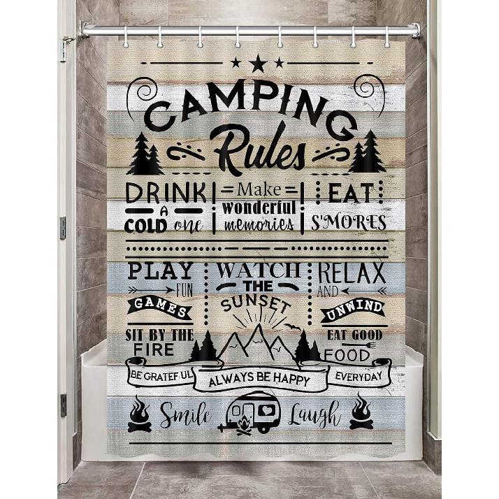 Camper RV Shower Curtain for Travel Trailer Bathroom, Farmhouse Camping Rules Quote Small Narrow Shorter Fabric Shower Curtains Set, Happy Camp
