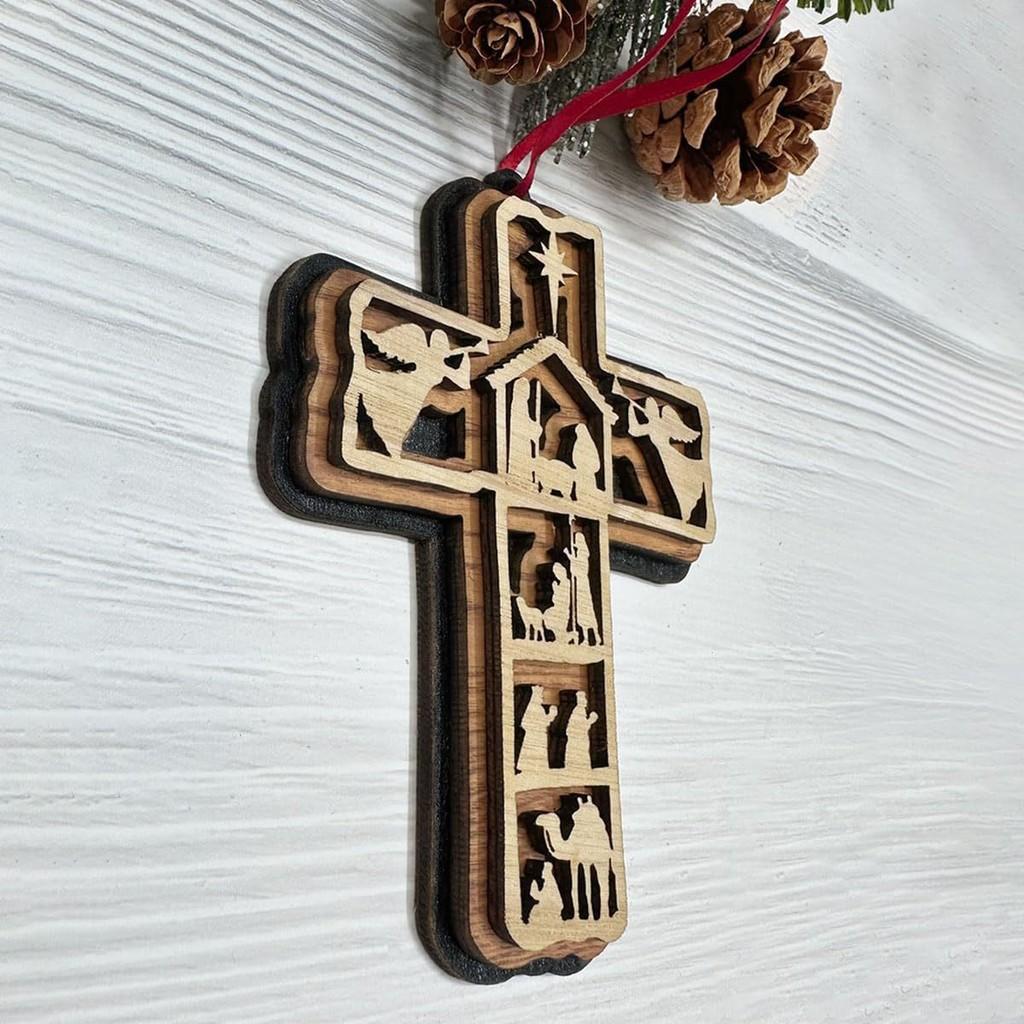Christmas Multilayer Cross Pendants Decorated Wooden Decorations Party Gifts