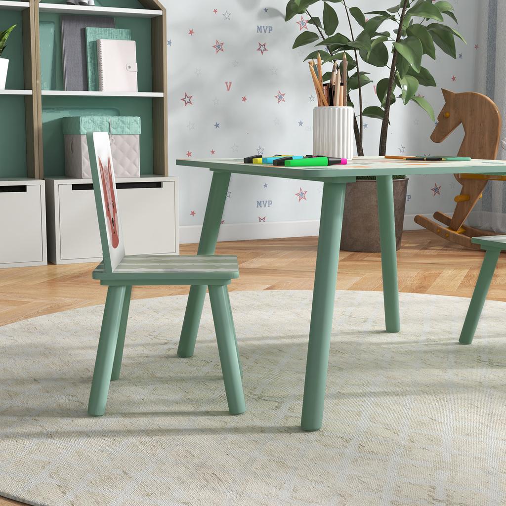 Seating Set for Children 3-8 Years, 1 Table & 2 Chairs, Cute Animal Motif, Green