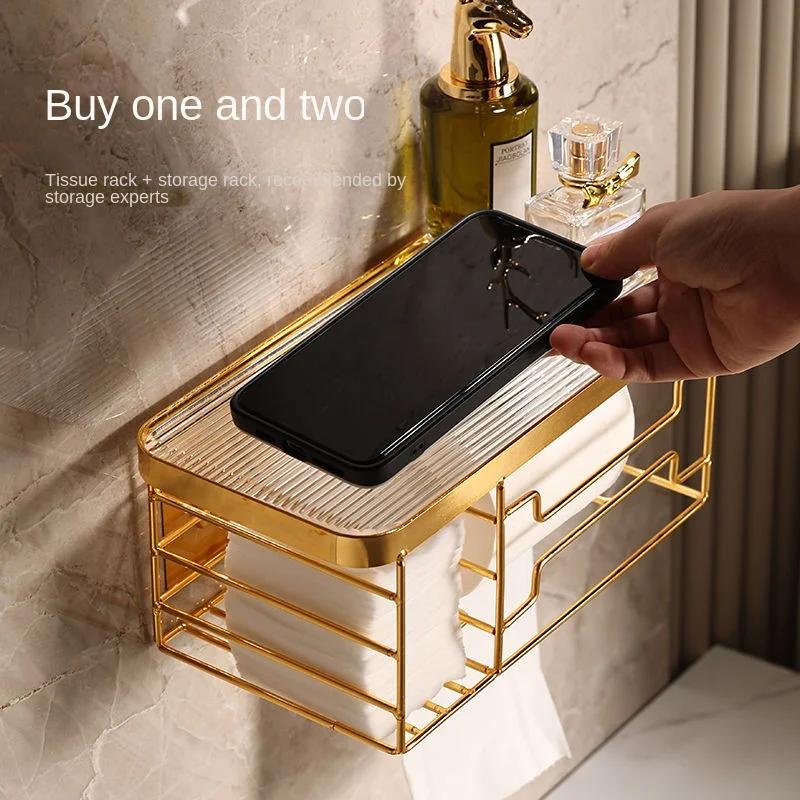 Koupelnový zlatý držák papírových ručníků do pokoje, nástěnná krabice bez vrtání, stojan na toaletní papír, příslušenství