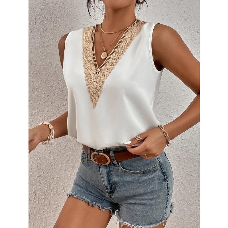 Women's Lace Patchwork Top Satin Shirt, Spring and Summer Loose Sleeveless Blouses & Shirts