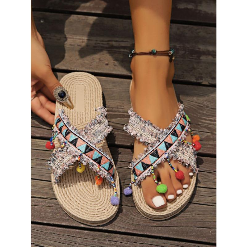 Women's Large Size Tassel Bohemian Style Extra Wear Ethnic Style Shoes Beach Wedge Roman Slippers
