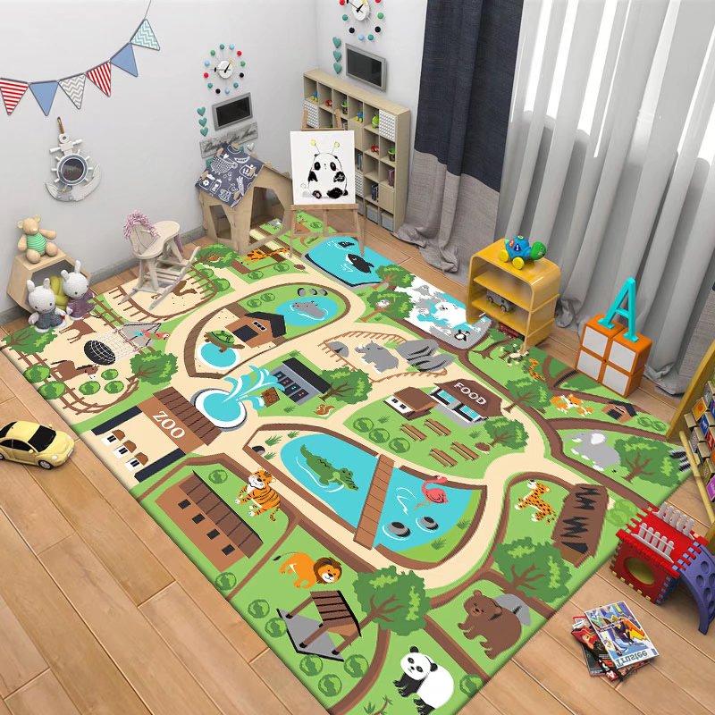 Kids Playroom Carpet Soft Non-Slip Baby Crawling Mat with Traffic Route Map Design for Bedroom Living Room