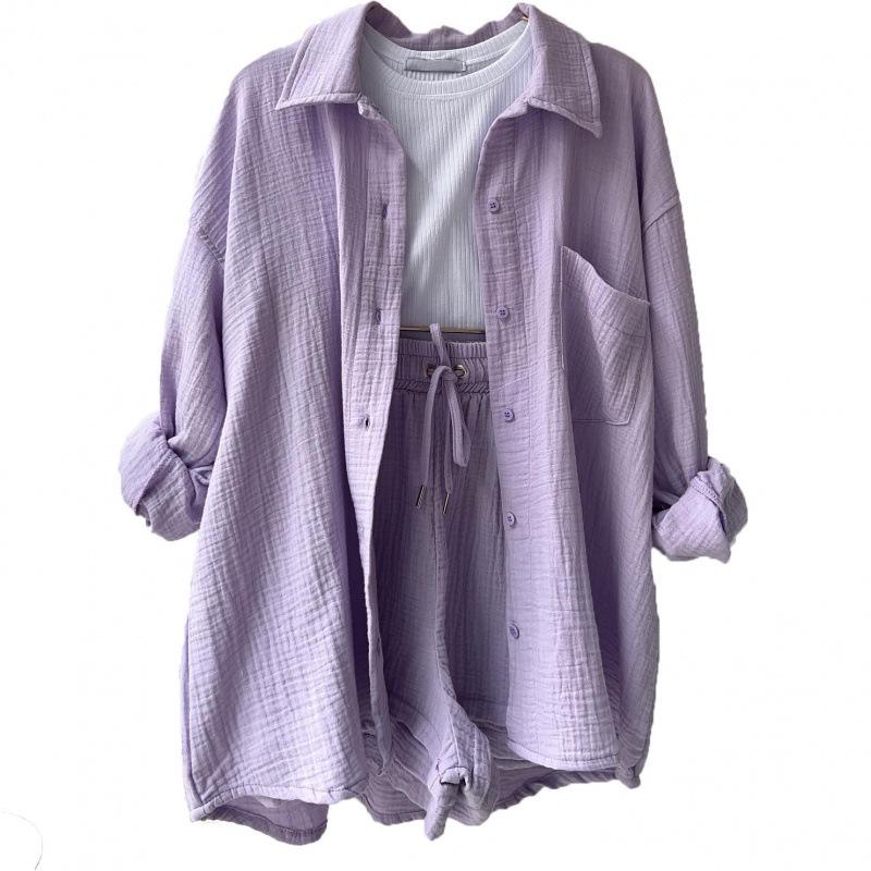 European and American Women's Crinkle Lapel Shirt & High Waist Shorts Two-Piece Set