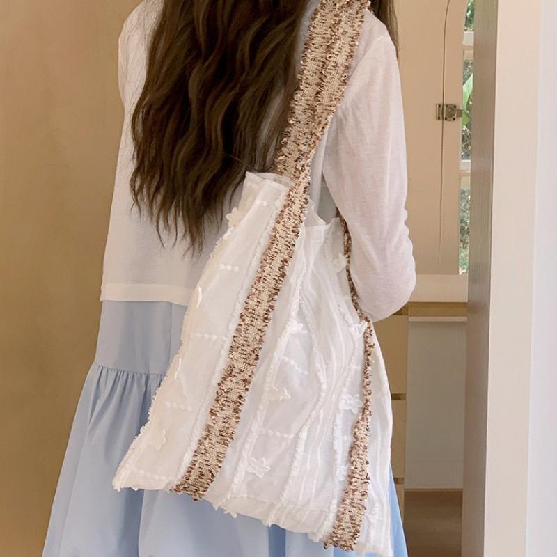 Early Spring Niche Design Flower Webbing Texture Summer Canvas Large Capacity Shoulder Bag Portable Bag