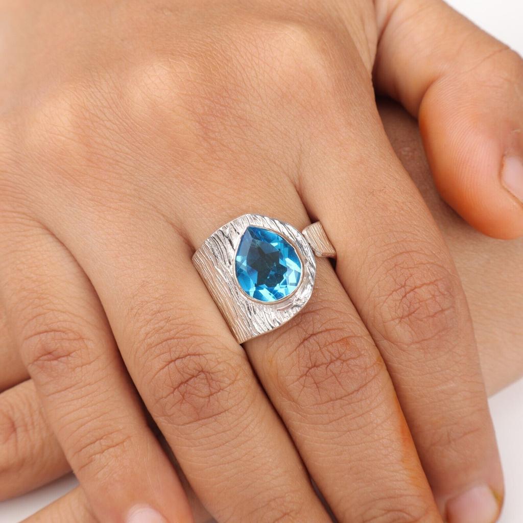 Swiss Blue Topaz Gemstone 925 Sterling Silver Jewelry Handcrafted Wedding Ring RR-63-2