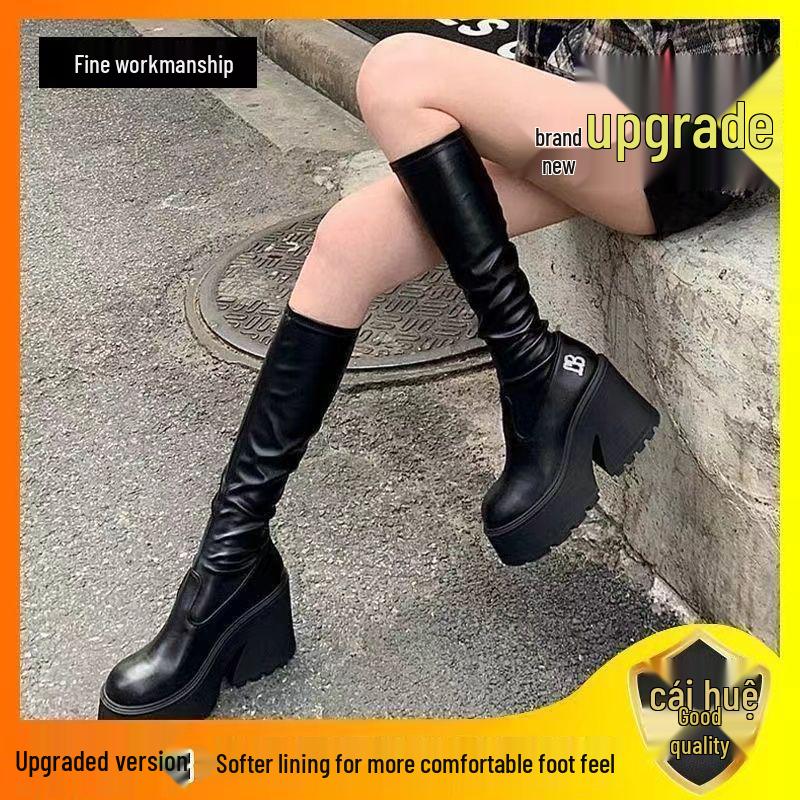 2025 Black High Heel Over-the-Knee Boots | 8cm Boost | European & American Style | Slim Fit Elastic Tube