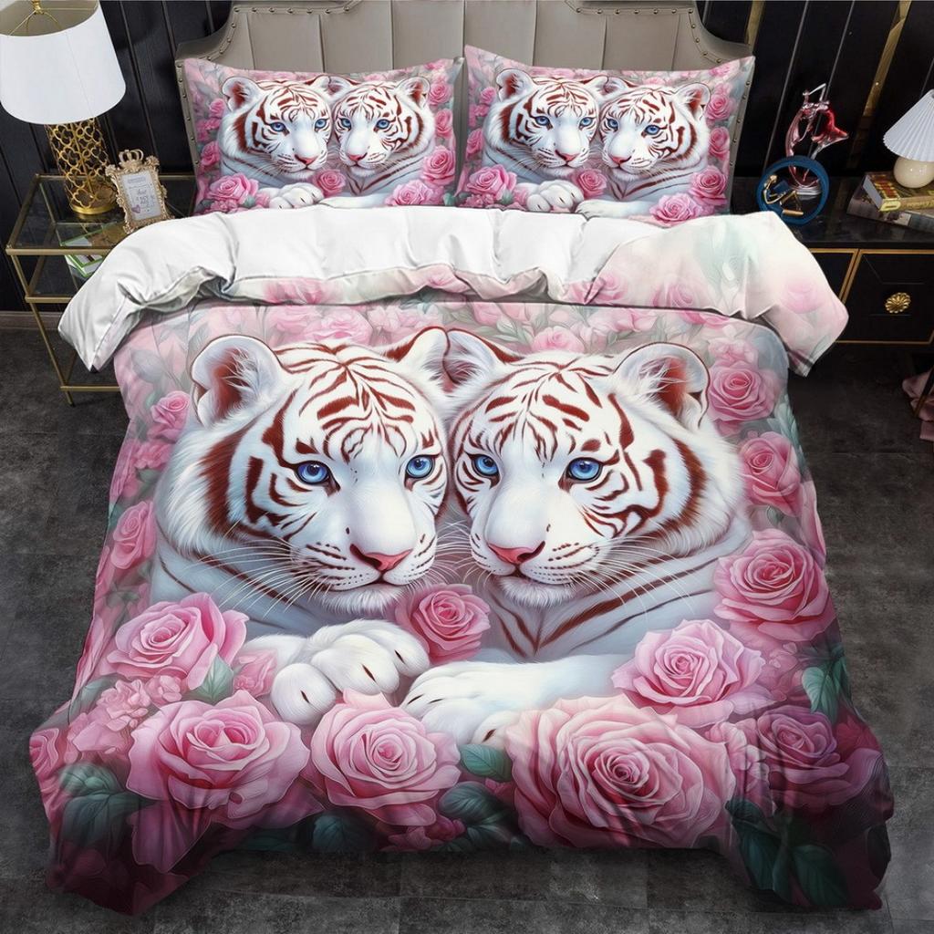 3-teiliges Mode-Bettwäsche-Set Tiger Rosa Rose Digitaldruck Bequeme Atmungsaktive Bettbezug King Queen Twin Einzelgröße für Geschenk