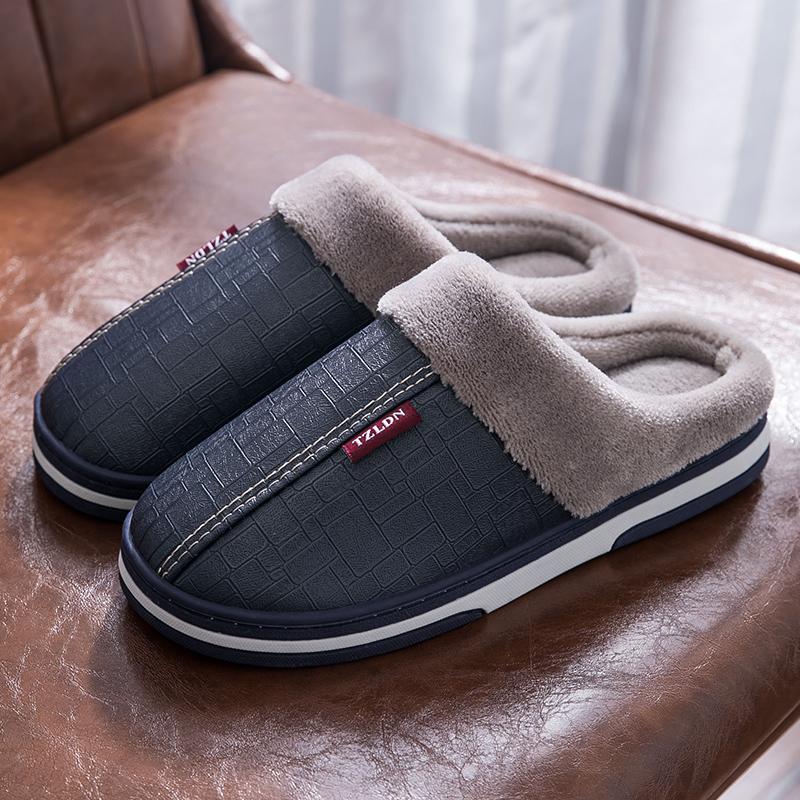 Leather slippers men's winter indoor home non-slip new couple home waterproof cotton slippers women's autumn and winter