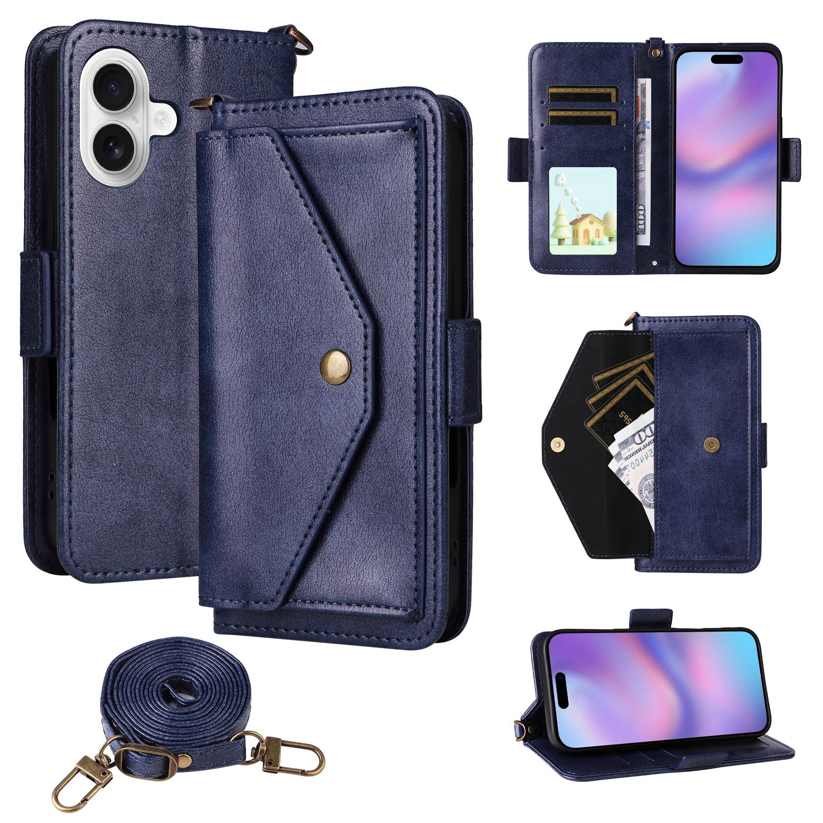 

For iPhone 17 Leather Case Magnetic Closure Wallet Stand Phone Cover with Crossbody Strap Blue