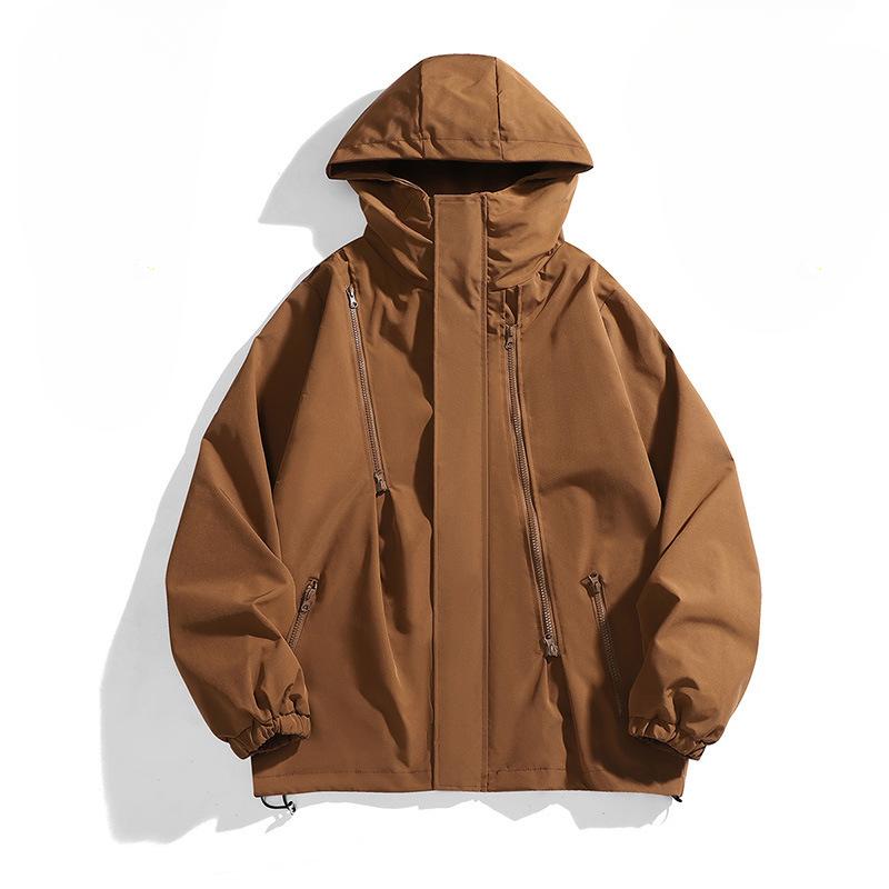 Giacca da lavoro giapponese a tinta unita con texture e multi-zip per primavera e autunno, giacca antivento e impermeabile con cappuccio da uomo