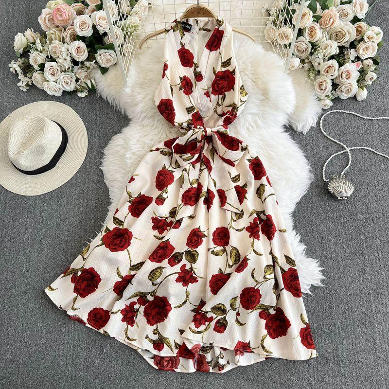 

Retro Print Dress 2024 New Arrival Goddess Temperament Elegant V Neck Lace-up Waist-Controlled Slimming Mid Length Long Length Dress Apricot bottom red print S