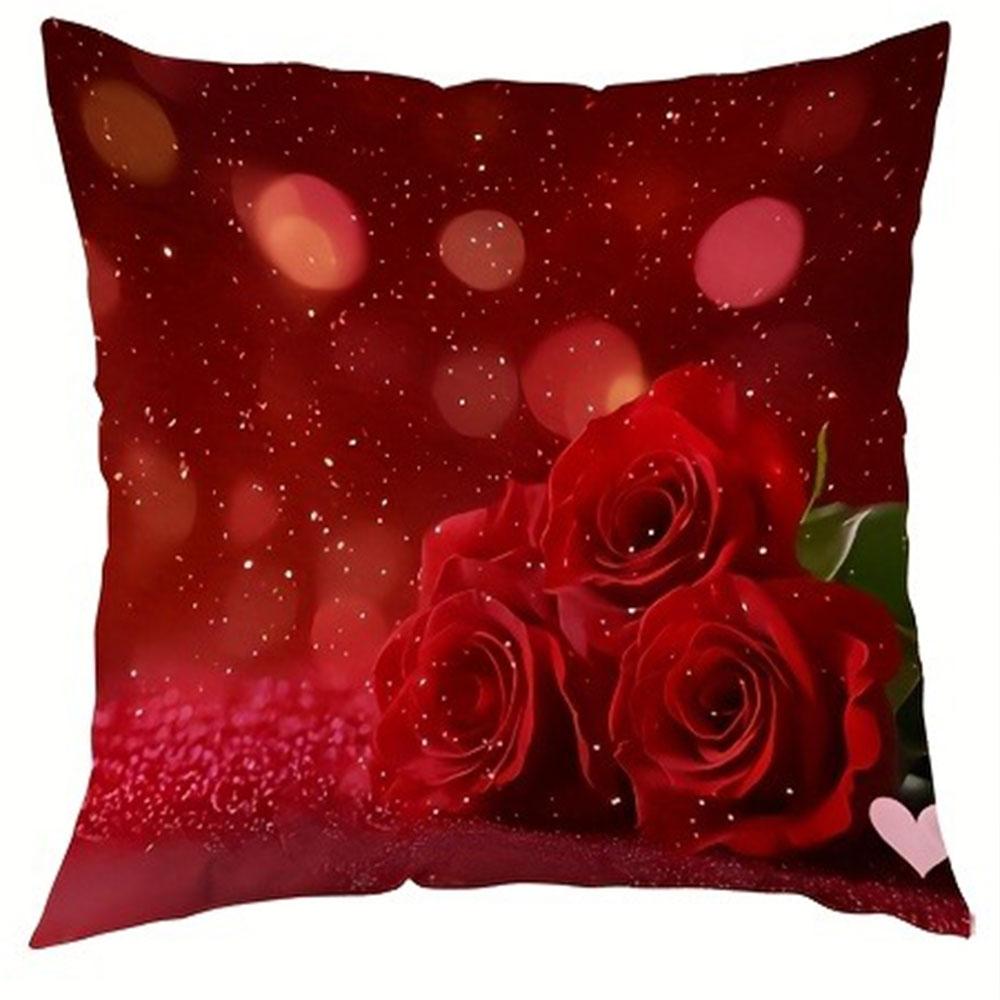 Red Rose and Love Heart Pattern Home Decor Pillow Cover Living Room Sofa Polyester Cushion Cover with Zipper
