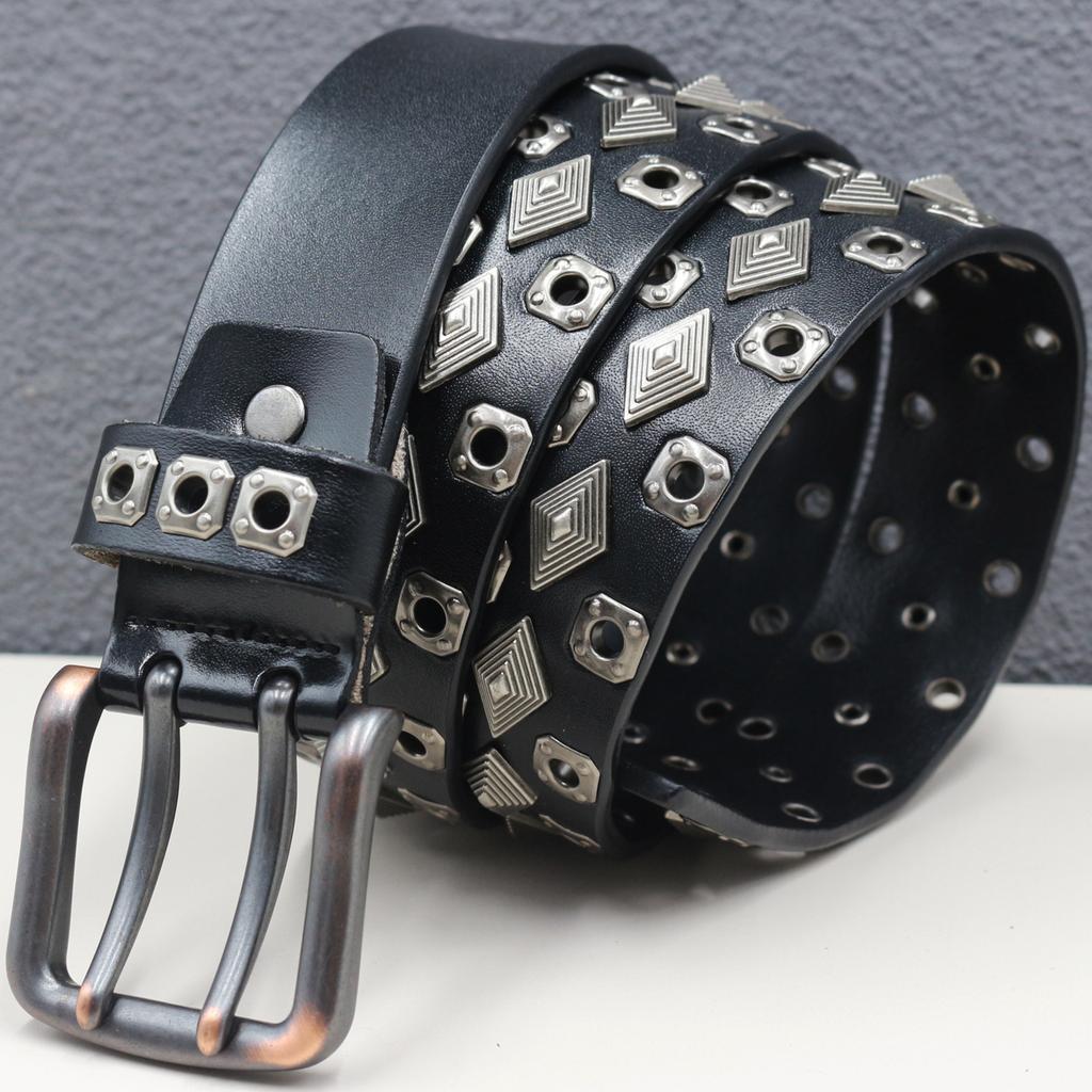 Double Needle Heavy Rivet Belt Genuine Leather Cowhide Whole Hole Belt Diamond Nail Hollow Eye Thorn Accessories American Style