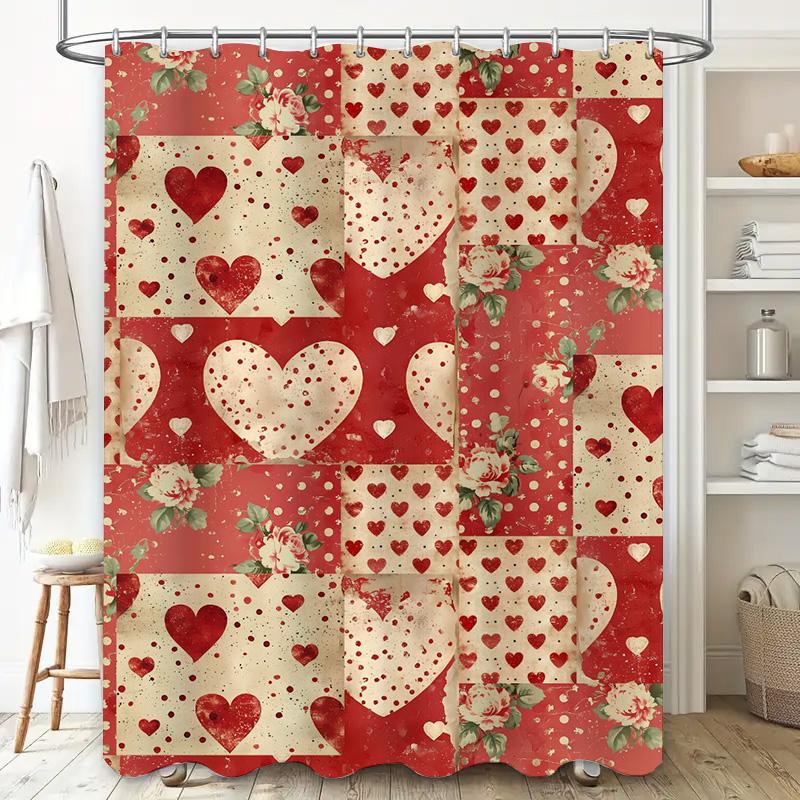 Vintage Heart Floral Shower Curtain Red Beige Decorative Bath Rug Cover For Bathroom Home Decor
