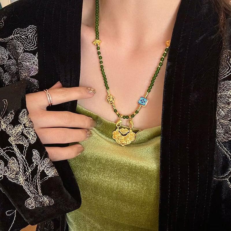 Ethnic Style Hollow Carved Lucky Bag Pendant Green Imitation Jade Handmade Beaded Long Necklace