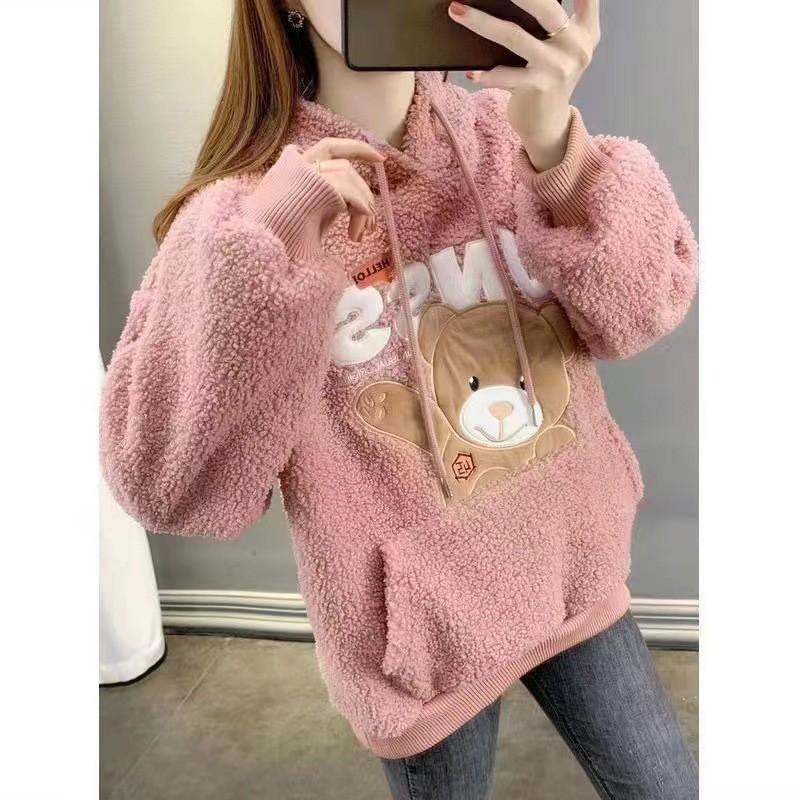 Womens Winter Fleece Sweatshirt Cute Bear Loose Fit Warm Pullover Casual Wear