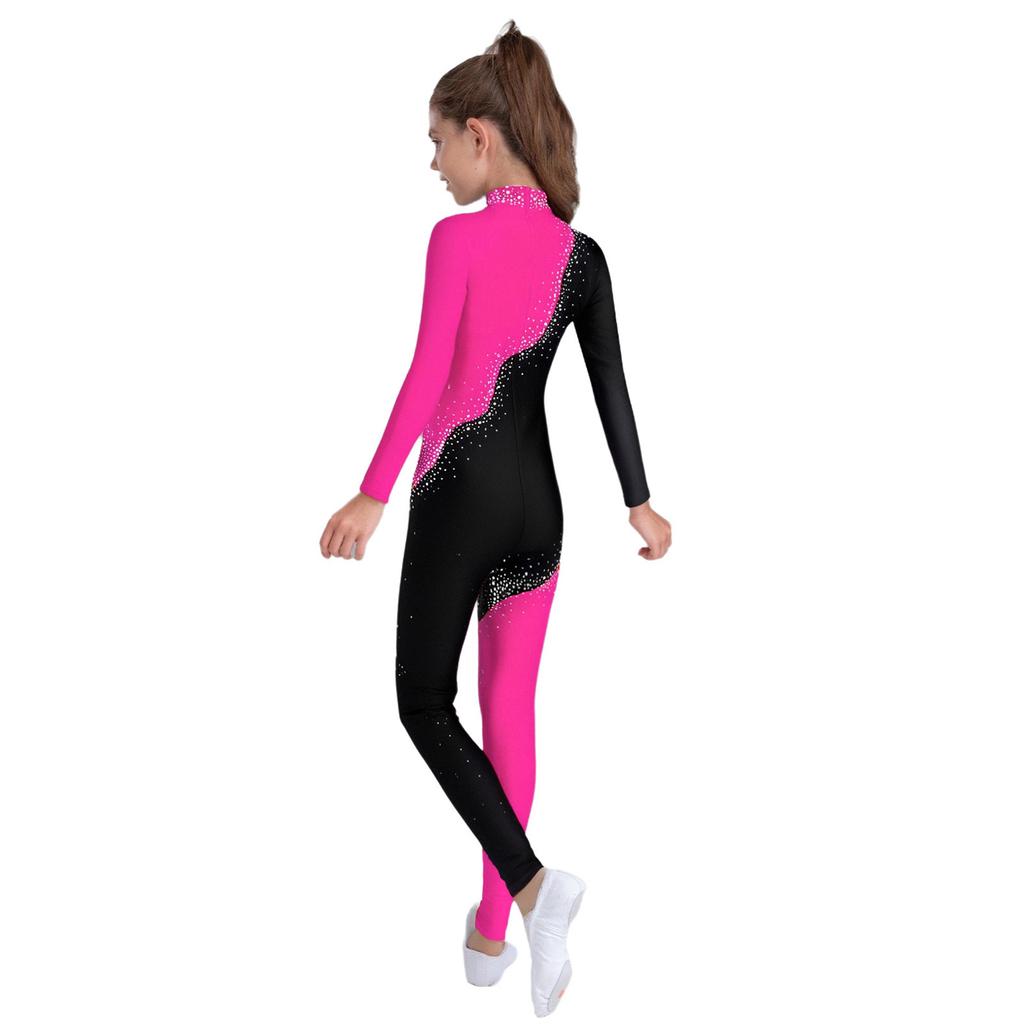 Jenter Fargeblokk Ytelsesjumpsuit Glitrende Rhinestones Mock Neck Langermet Usynlig Glidelås Bak Full Kropp Danseklær