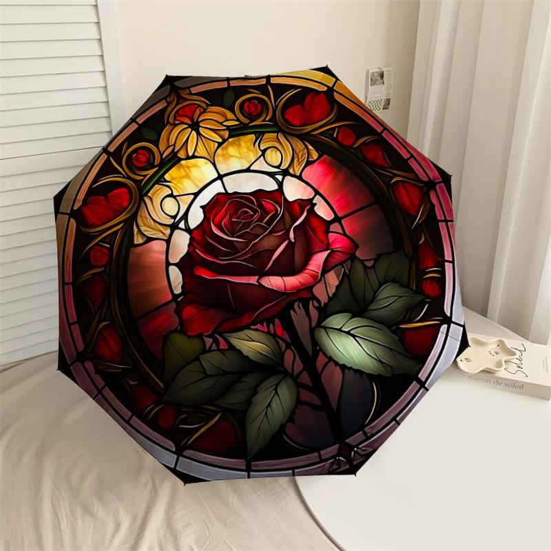 

1PC Rose Stained GlassAutomatic Open/Close Umbrella with Windproof, 8-Rib Sturdy Canopy, Durable Ribs, Fashionable Design, Outdoor Accessory, Fun Prin