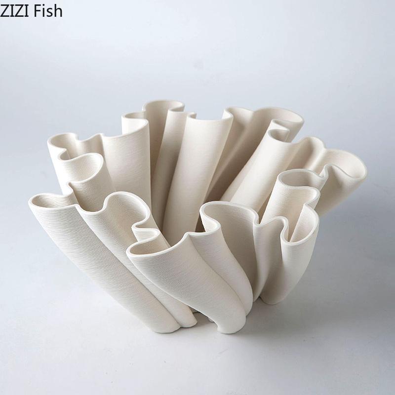 Creative Wrinkled Ceramic Vase Desk Decoration Flower Bud Shape Vases Modern Artificial Flowers Decorative Floral Arrangement