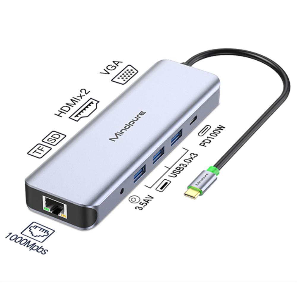 

MINDPURE HU012 11-in-1 Multi-Function Docking Station Laptop USB-C Hub,USB3.0x3+3.5mm AV+PD+HDx2+VGA+SD+TF+RJ45 As Shown A