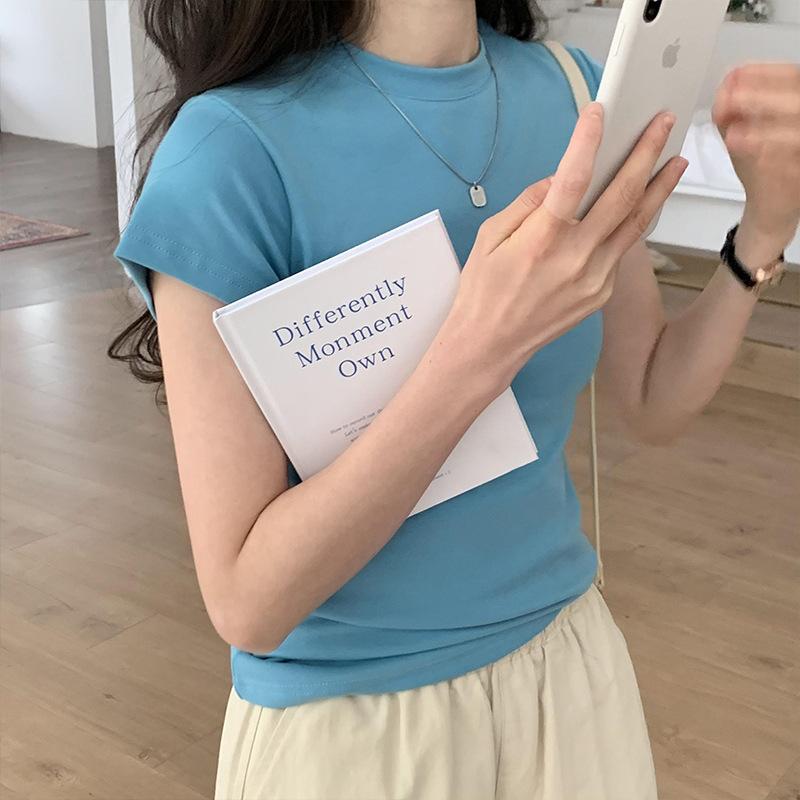 

Летняя женская футболка с короткими рукавами и правым плечом Ins, модный бренд, горячая девушка, многослойная футболка с круглым вырезом, облегающий топ XL синий