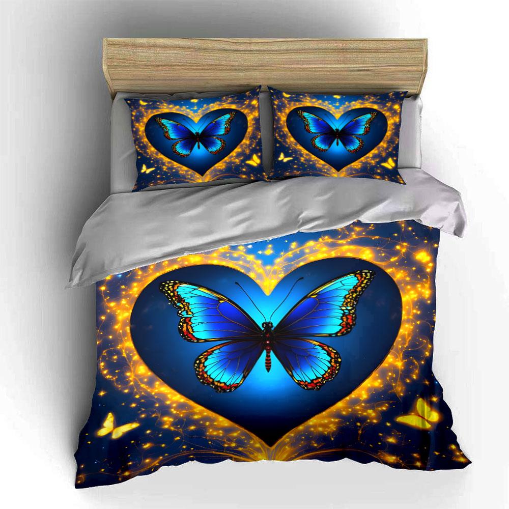Blue Butterfly Heart Design Set Exquisite Three-Piece Bedding Set Gift For Kids And Adults