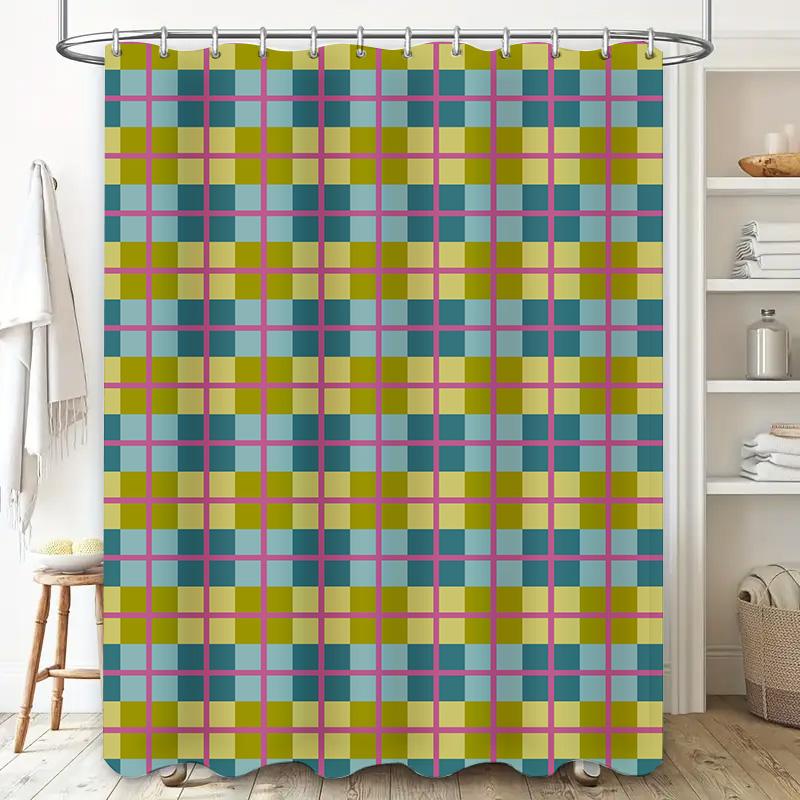Modern Plaid Shower Curtain Waterproof Bathroom Decor With Bright Colors For Home Decoration