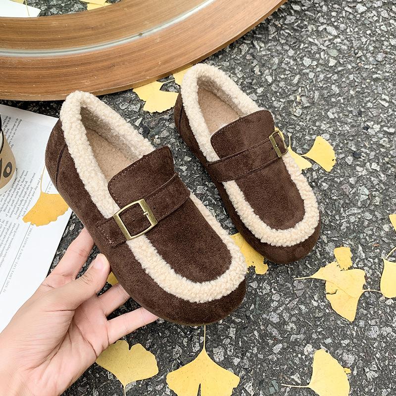 Casual Lambswool Loafers Women Flats Belt Strap Shoes Winter Furry Shoes Ladies Cotton Mocasines Warm Slip on Sheep Fur Boots