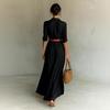Women's Long Sleeved Color Lapel Button Irregular Pleated Dress With Belt