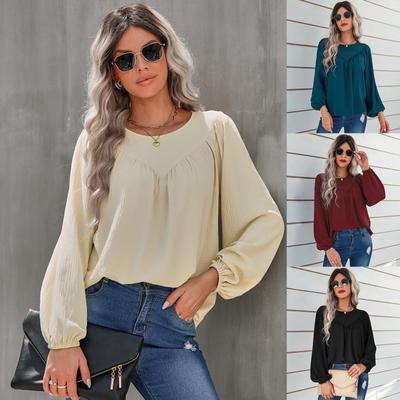 Women Autumn Solid Color Round Neck Pullover Loose Long Sleeve T Shirt Top
