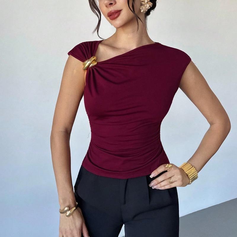 Temperament eenvoudig mouwloos metalen ringontwerp effen kleur dun vest top dames