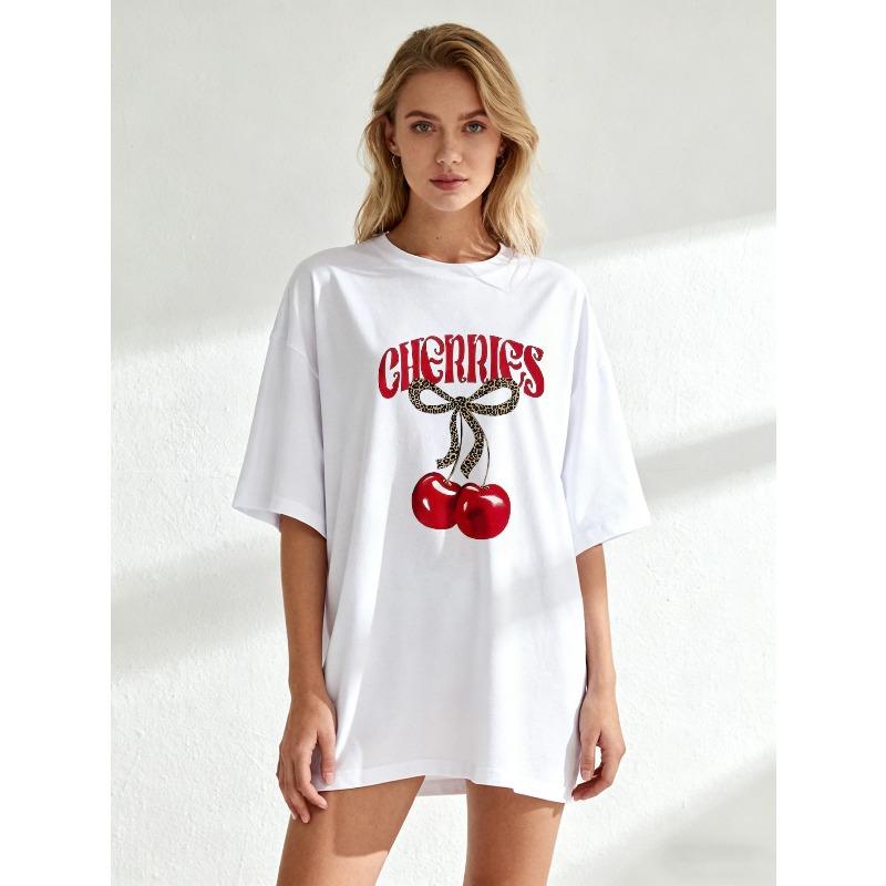 

Oversized T Shirt Black Cherries Print With Red Text And Leopard Bow Summer Casual Wear XXXXL