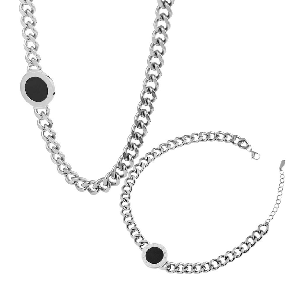 

Women Hip Hop Chain Jewelry Stainless Steel Roman Numerals Round Necklace Bracelet серебряный