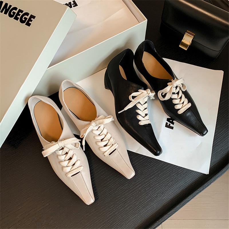Fashion New Spring Genuine Leather Woman Shoes Pointed Toe Women Pumps Shoes for Women Chunky Heel Lace Loafers Fashion Gladiator Shoes